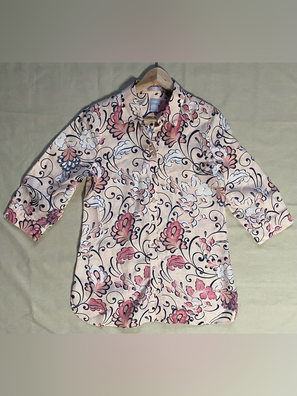 Chico's Floral Scroll Print Button-Up Shirt in Blush, Pink, Black